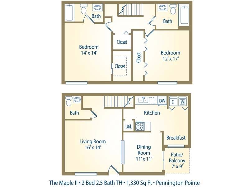 Floor plan for 2 beds, 2.5 baths, 1330 sqft